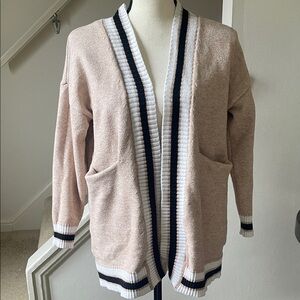 FLAWLESS Open-Front Beige Cardigan with Black & White Stripe Trim and Pockets Sm